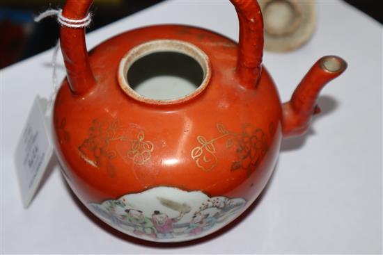 A Chinese coral ground famille rose teapot, late 19th century, H. 13cm